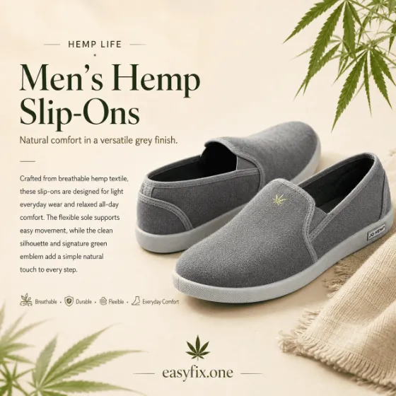 HEMP LIFE Runner — graue atmungsaktive Herren-Slip-ons aus Hanf