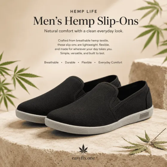 HEMP LIFE Runner — schwarze Herren-Slip-ons aus Hanf für den Sommer