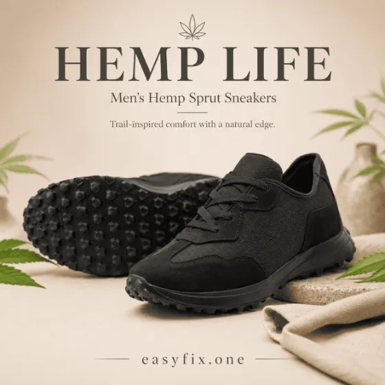 HEMP LIFE Sprut — schwarze Herren-Sneaker aus Hanf für Stadt und Spaziergänge