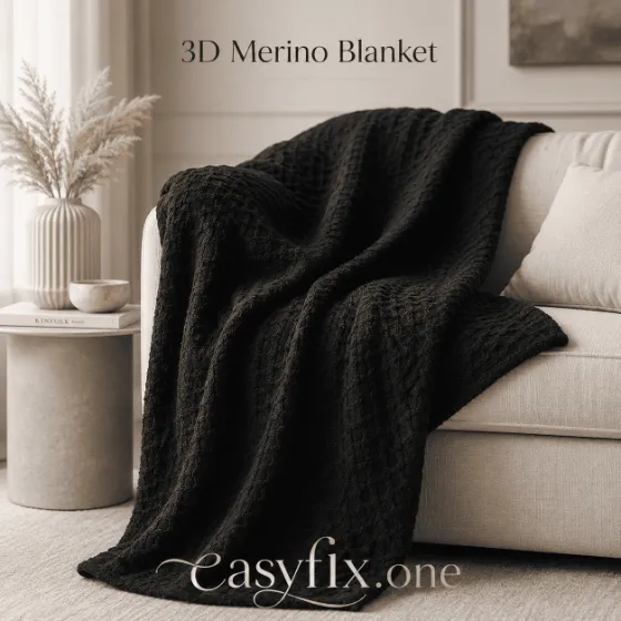 Merino Onyx 3D — schwarze Wohndecke aus Merinowolle, 140×200 cm