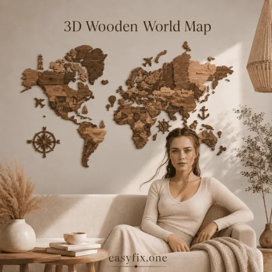 Mehrschichtige 3D-Weltkarte aus Holz für die Wand XS, 65×39 cm — Atlas Mini Premium