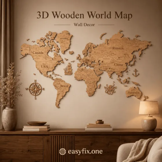 Mehrschichtige 3D-Weltkarte aus Holz für die Wand S, 130×78 cm — Travel Atlas Premium
