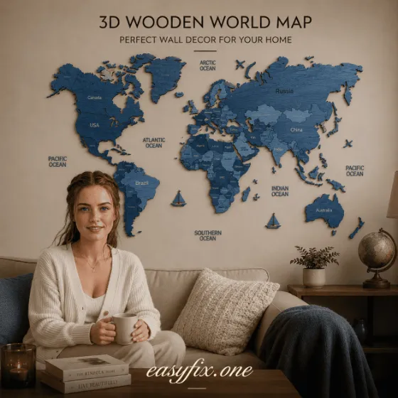 Mehrschichtige 3D-Weltkarte aus Holz für die Wand, M 150×90 cm — Grand Atlas Premium
