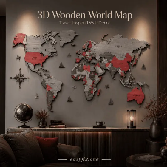 Mehrschichtige 3D-Weltkarte aus Holz für die Wand, L 200×120 cm — Statement Atlas Premium