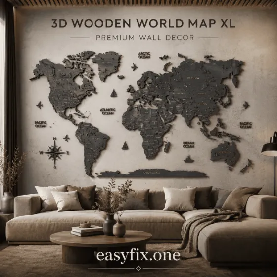 Große mehrschichtige 3D-Weltkarte aus Holz für die Wand, XL 250×150 cm — Extra Large Atlas Premium
