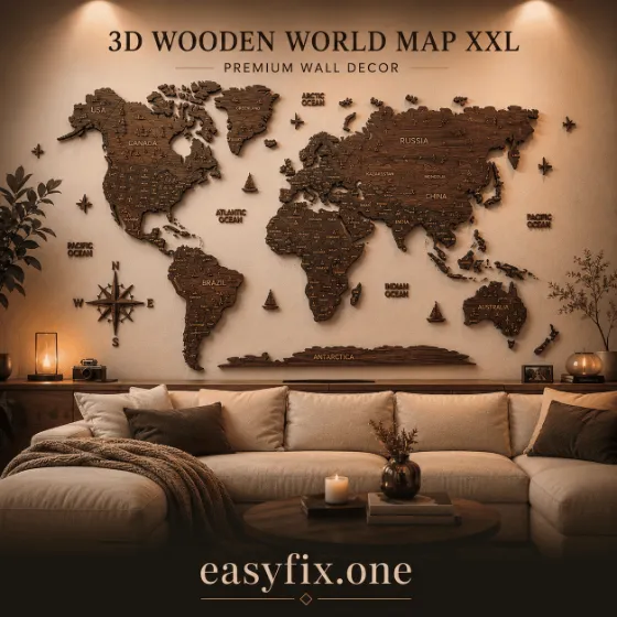 Riesige mehrschichtige 3D-Weltkarte aus Holz für die Wand, XXL 300×175 cm — Giant Atlas Premium
