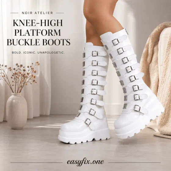 Damen-Kniestiefel mit Plateau und Schnallen — Y2K Gothic Noir Atelier