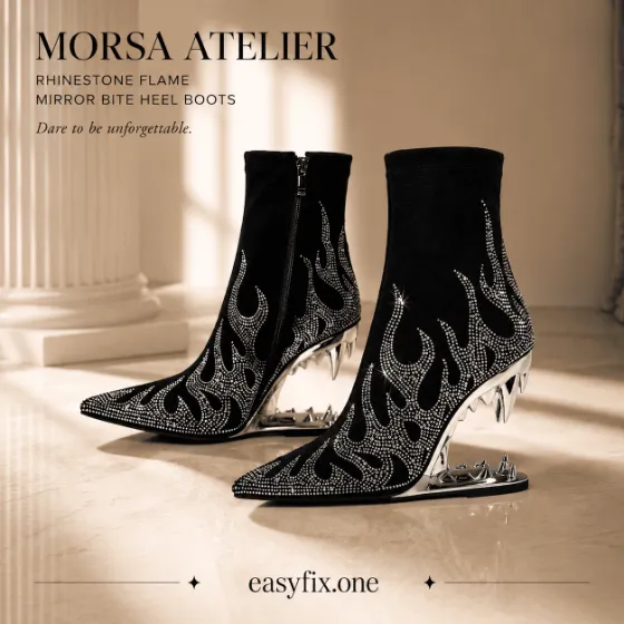 Damen-Stiefeletten mit Strass-Flammenmuster und Spiegelabsatz — Bite Heel Morsa Atelier